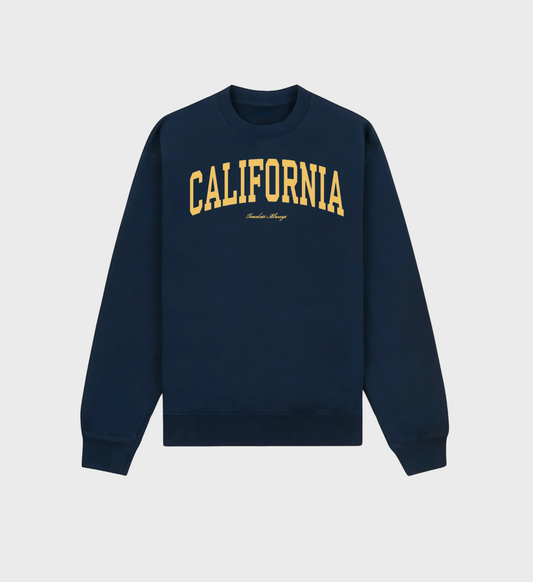 Navy blue sweatshirt with gold yellow "California" print in classic college-style lettering.
