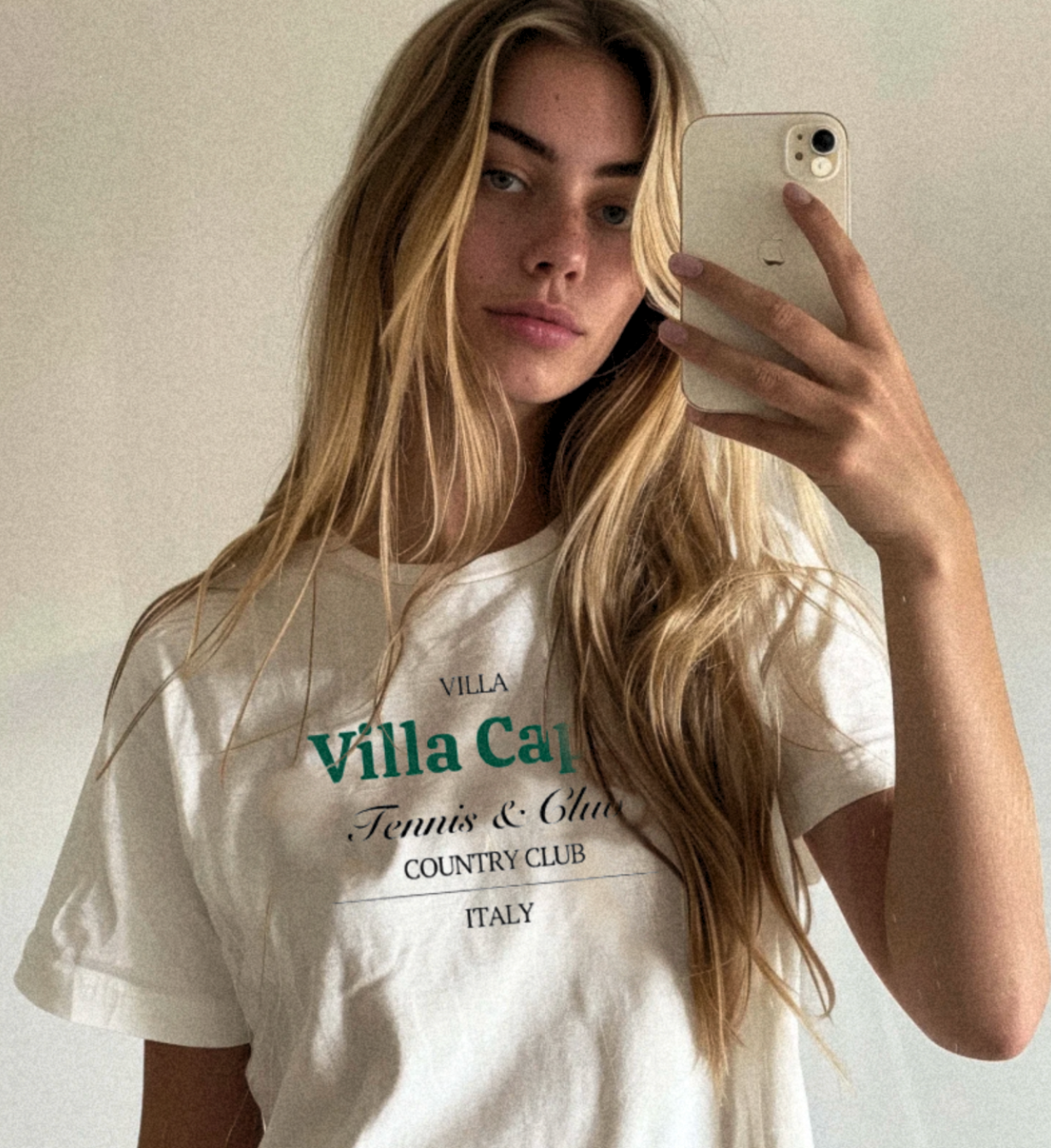 White Villa Capri T-Shirt with green old money tennis design