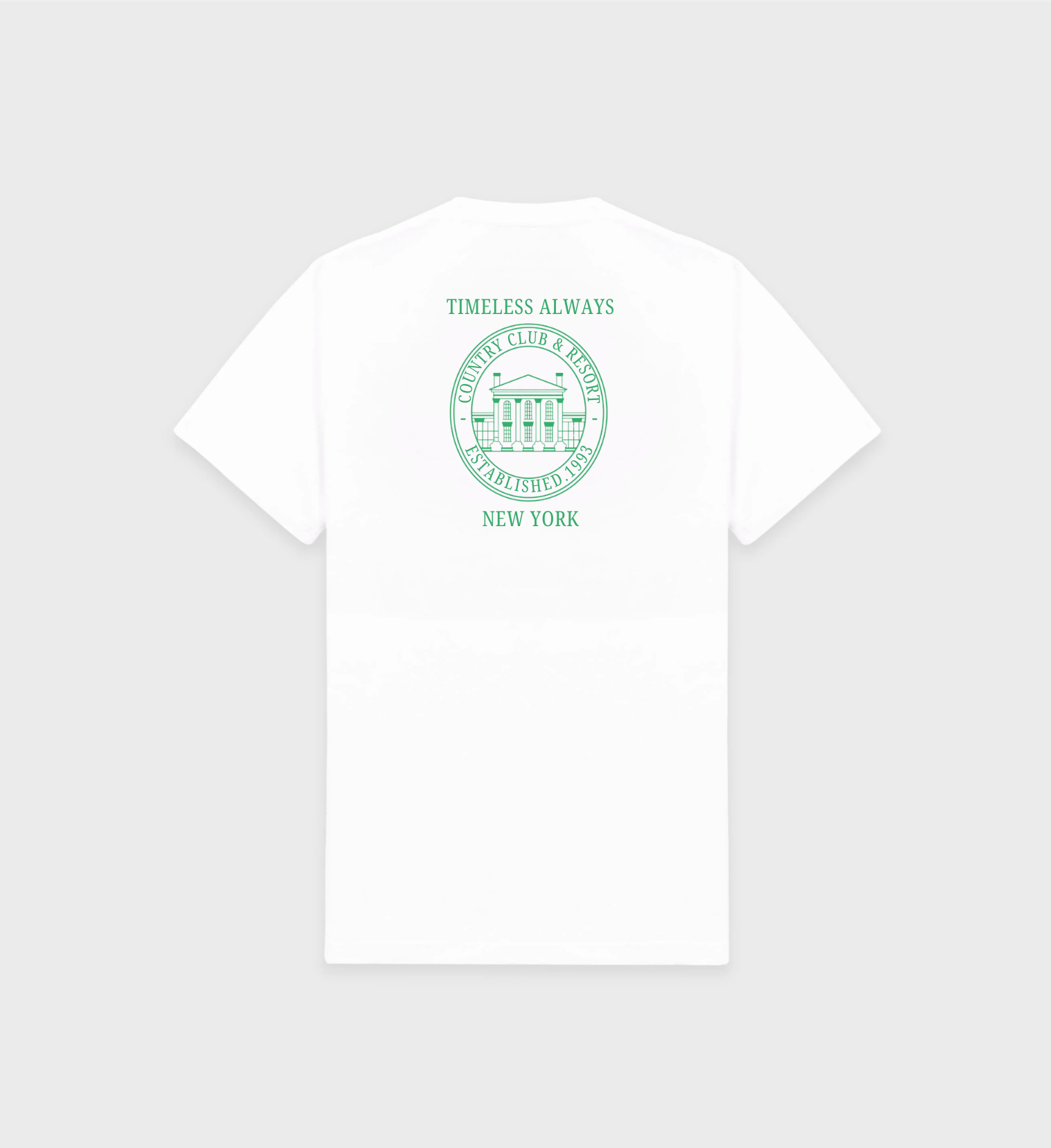 New York Resort T-Shirt in white with green design on the front and back, inspired by classic New York resorts