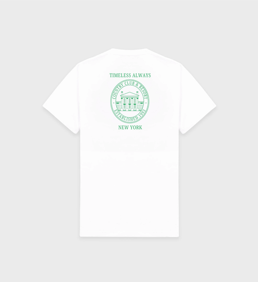 New York Resort T-Shirt in white with green design on the front and back, inspired by classic New York resorts