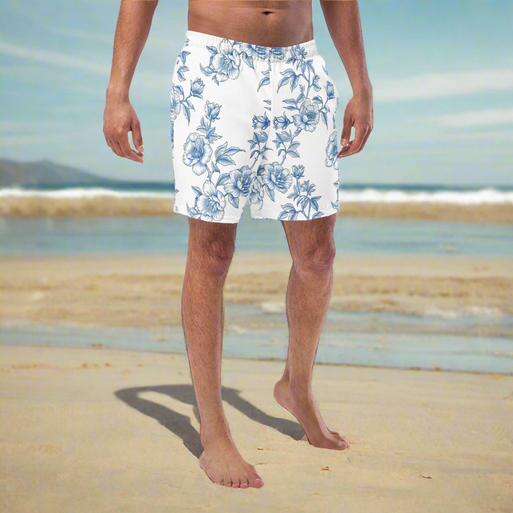 Flowers in blue Swim Trunks