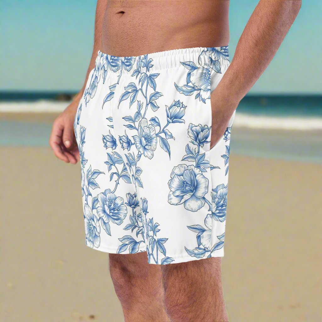 Flowers in blue Swim Trunks