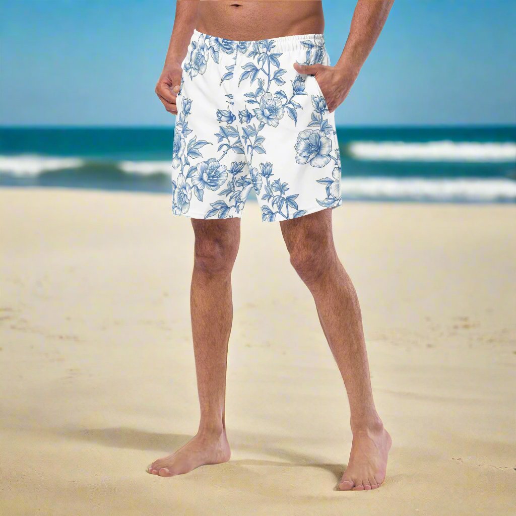 Flowers in blue Swim Trunks