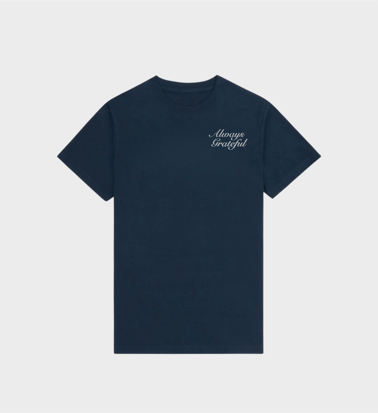 Always Grateful T-Shirt in Navy, unisex, embroidered design, 100% premium cotton, shrunk-free, regular fit, size guide for men and women.