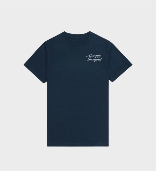 Always Grateful T-Shirt in Navy, unisex, embroidered design, 100% premium cotton, shrunk-free, regular fit, size guide for men and women.