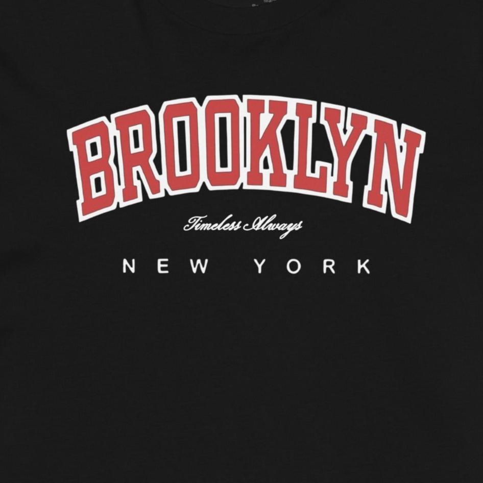 Black Brooklyn T-Shirt with red front design, 100% cotton, unisex, shrunk-free, regular fit, oversized fit sizing.