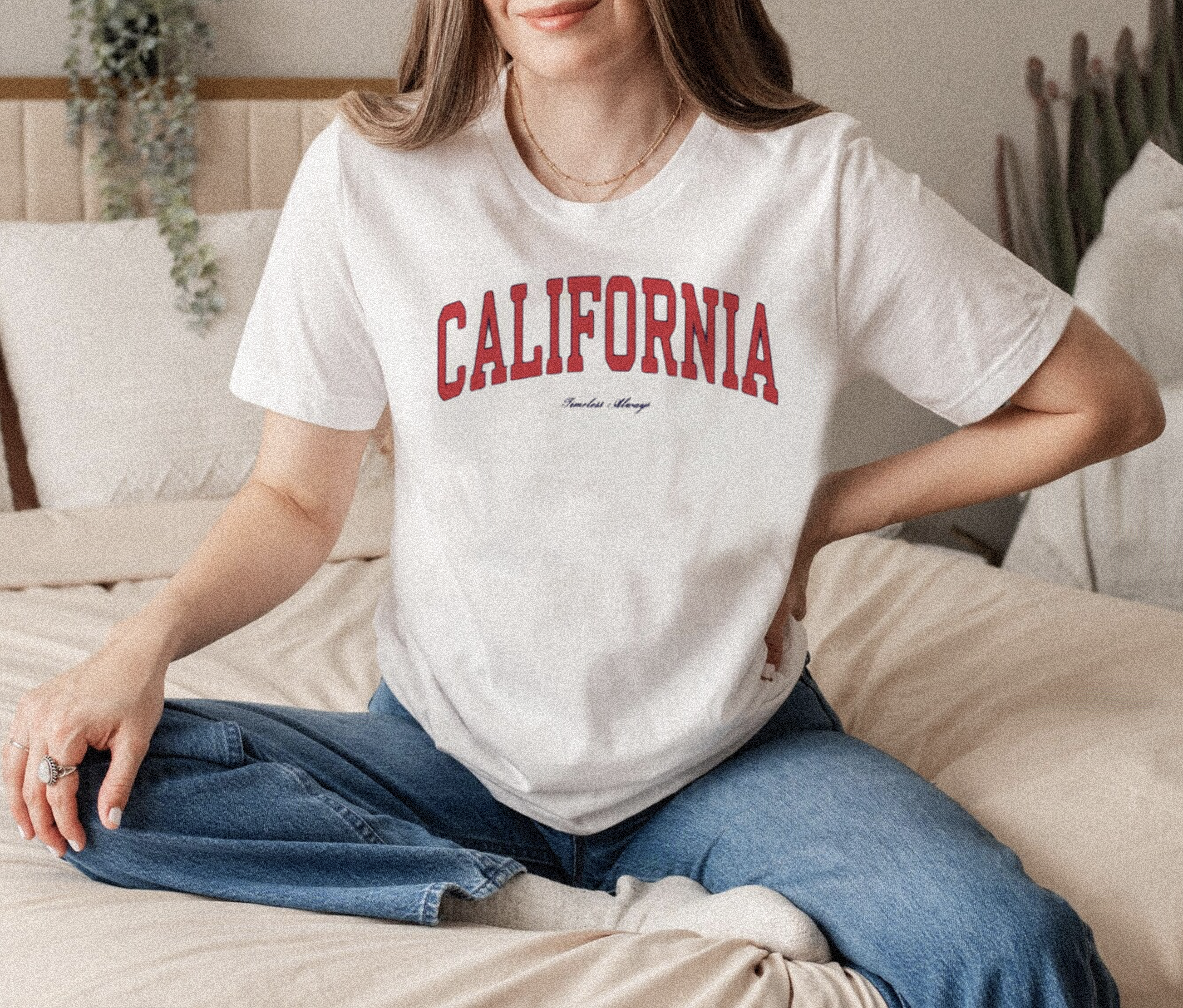 California Classic T-Shirt in white with red design, unisex, premium cotton, regular fit, shrunk-free, inspired by college style.