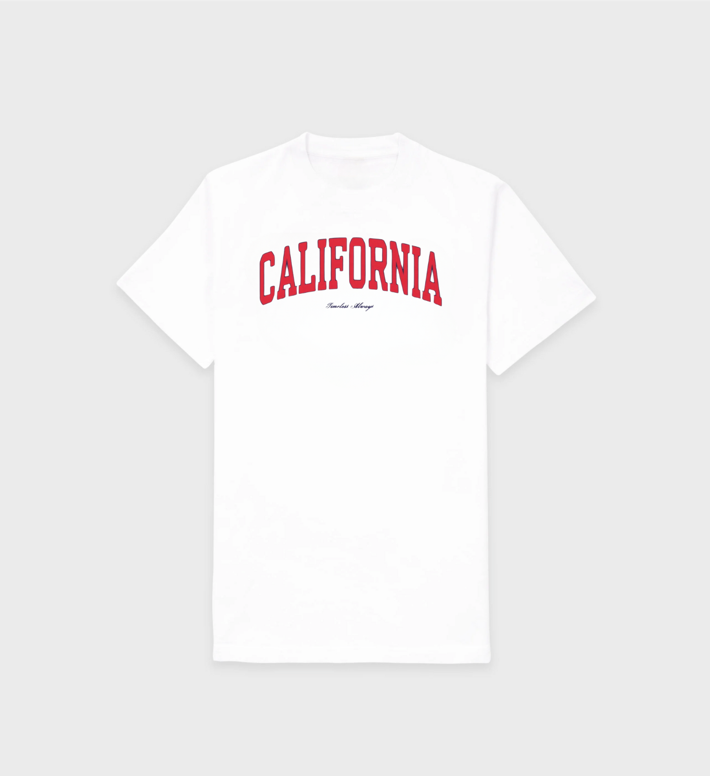 California Classic T-Shirt in white with red design, unisex, premium cotton, regular fit, shrunk-free, inspired by college style.