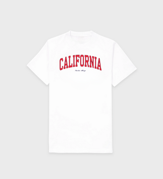 California Classic T-Shirt in white with red design, unisex, premium cotton, regular fit, shrunk-free, inspired by college style.