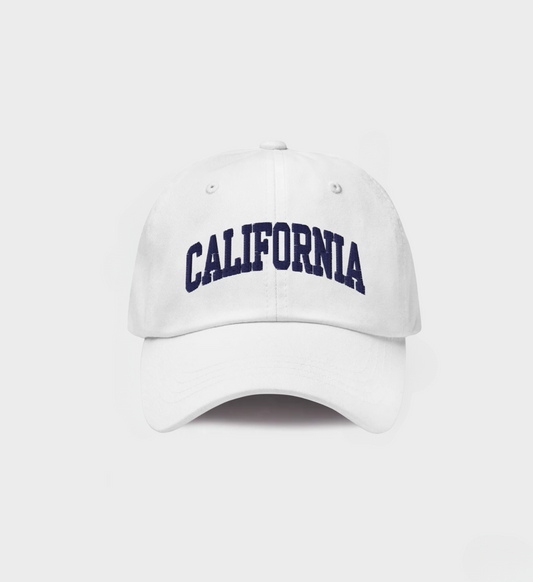 California Hat in white with blue embroidery, unisex, classic dad hat, adjustable closure, premium quality, limited edition, only 4 available.