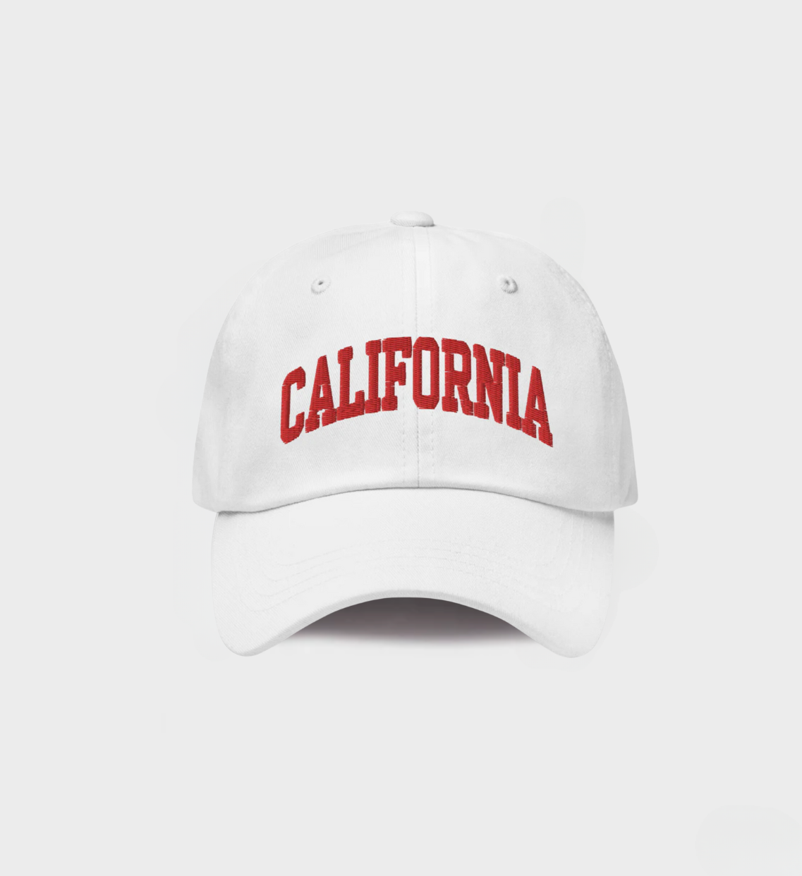 California Hat in white with red embroidery, unisex, classic dad hat, adjustable closure, premium cotton twill, limited edition, only 8 available.