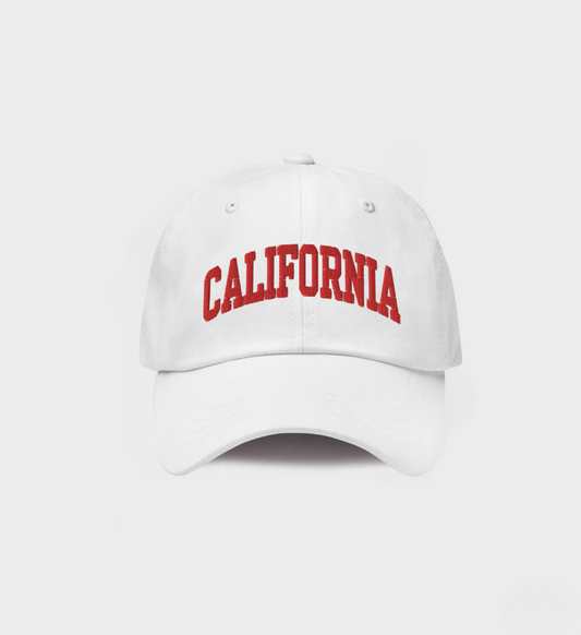 California Hat in white with red embroidery, unisex, classic dad hat, adjustable closure, premium cotton twill, limited edition, only 8 available.