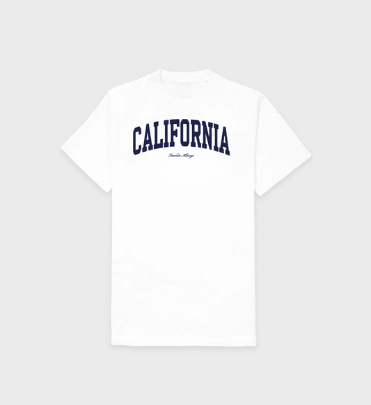 California T-Shirt in white with navy blue California design, made from 100% organic cotton, unisex, shrunk-free, regular fit.