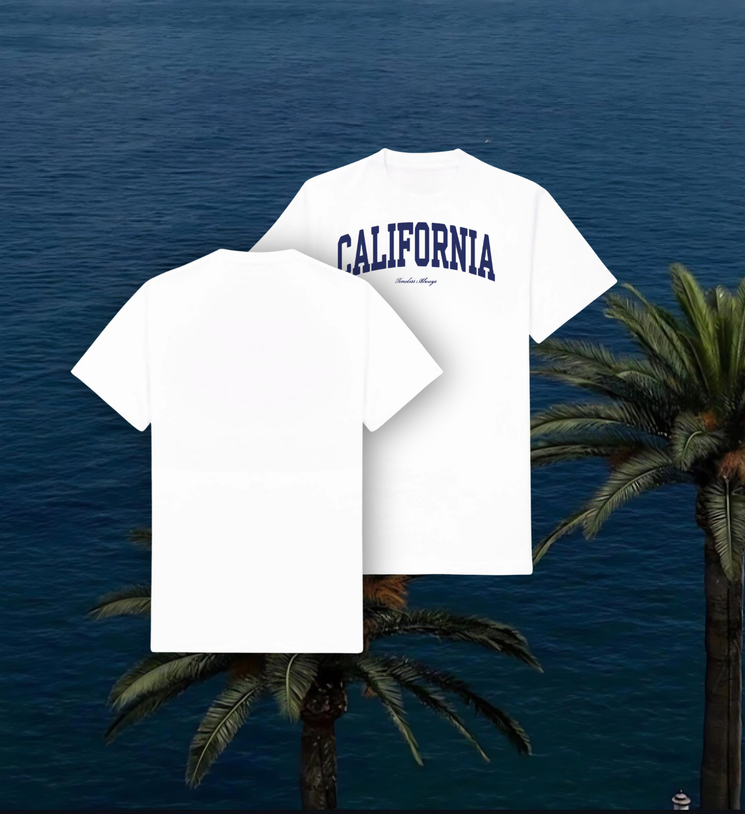 California T-Shirt in white with navy blue design, organic cotton, unisex, shrunk-free, regular fit, designed for casual elegance.