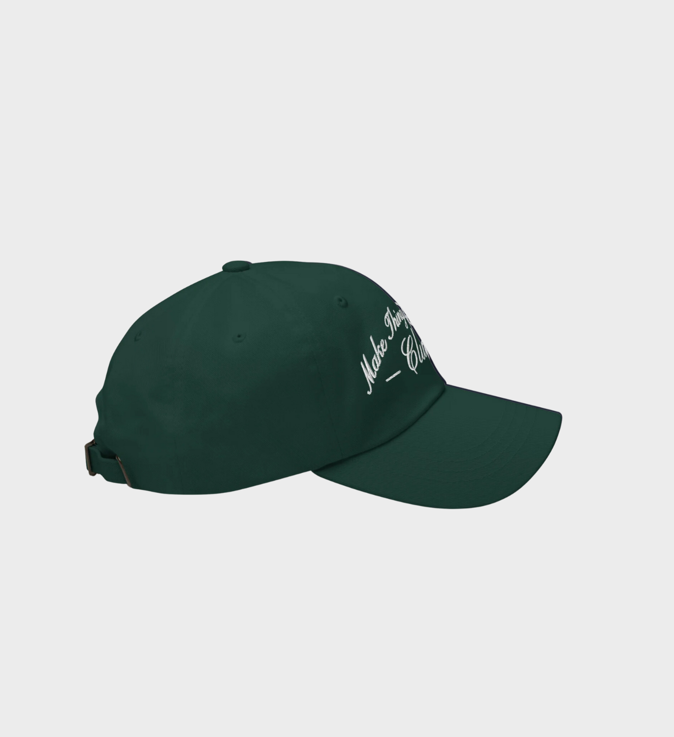 Premium green dad hat with white 'Make Things Happen Club' embroidery, 100% cotton twill