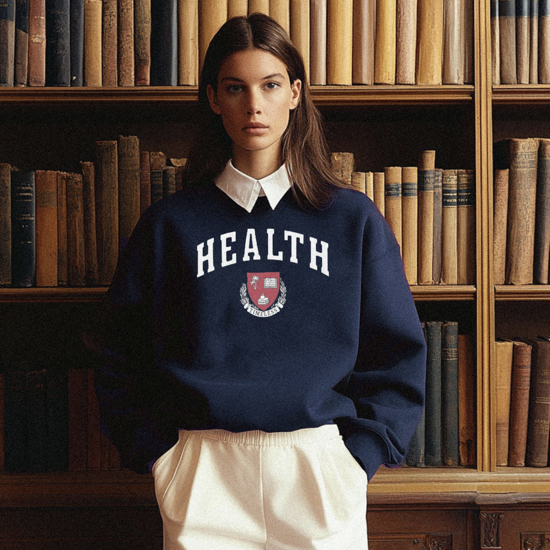 Classic Health College Sweatshirt, inspired by retro streetwear, side-seamed and durable