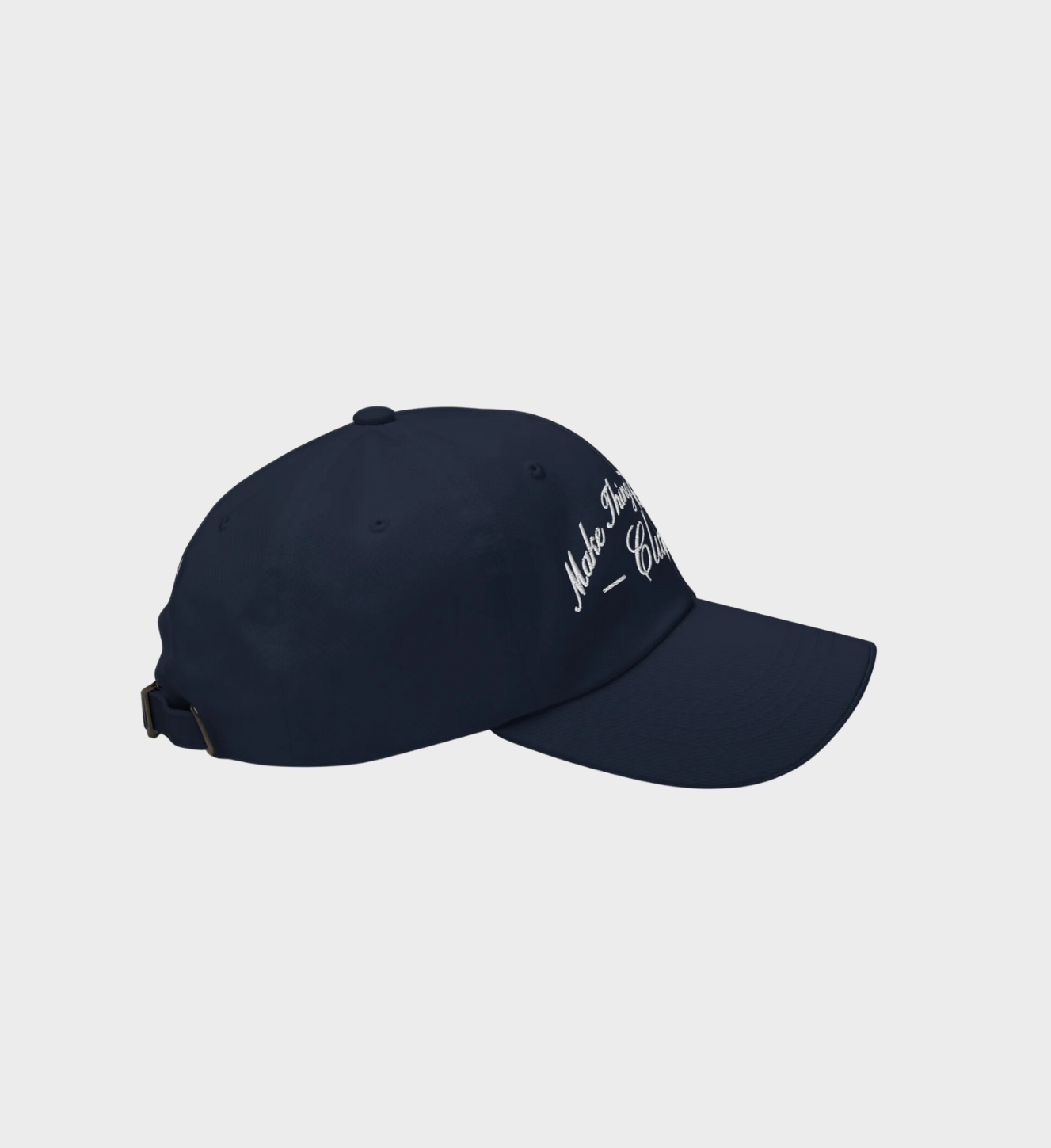 Premium navy dad hat with white 'Make Things Happen Club' embroidery, 100% cotton twill