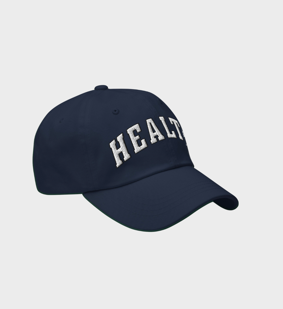 Health Hat in navy with white embroidered classic font design, unisex