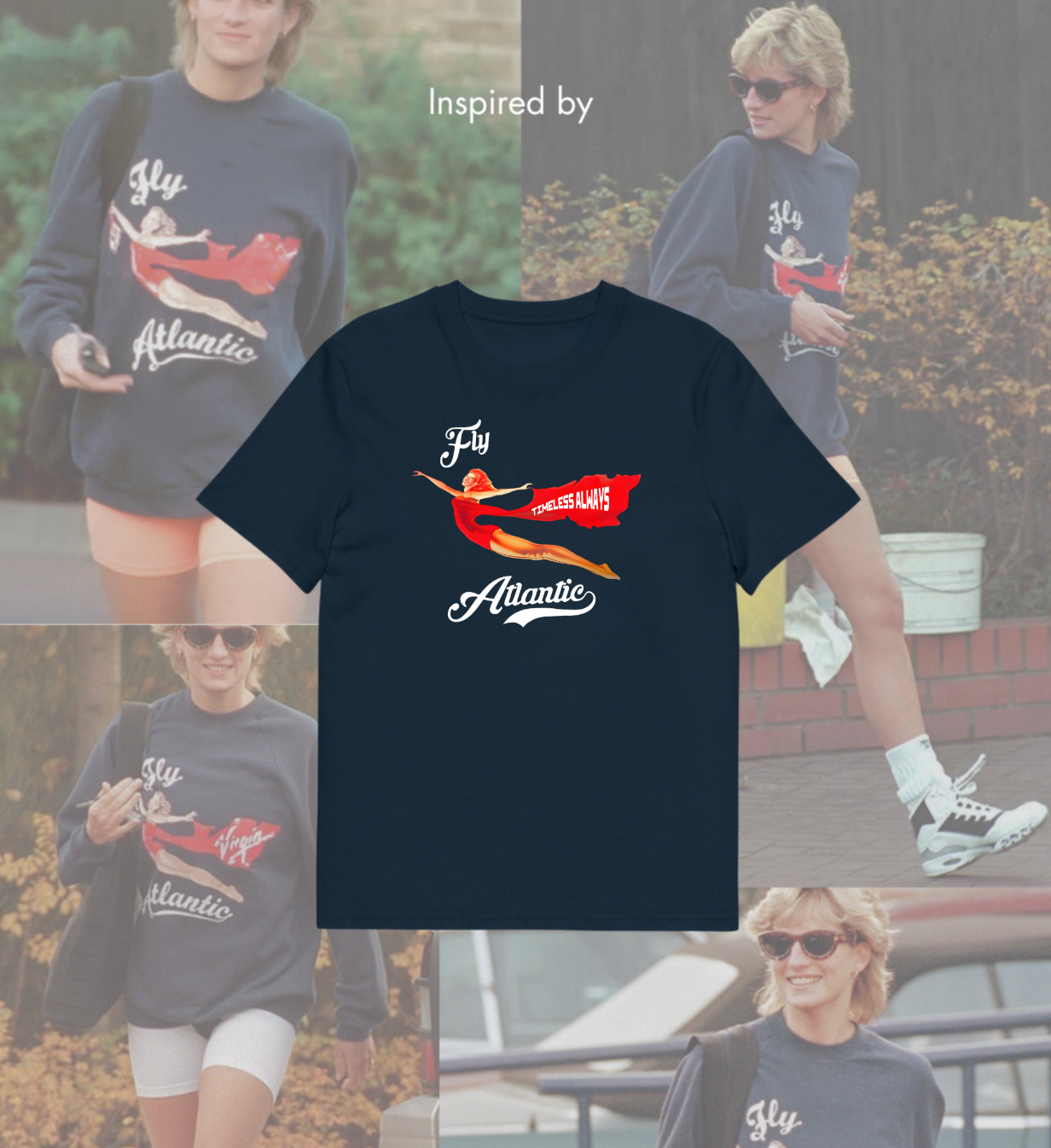 Navy Fly Atlantic T-Shirt with retro flying woman graphic, unisex, inspired by timeless streetwear looks.