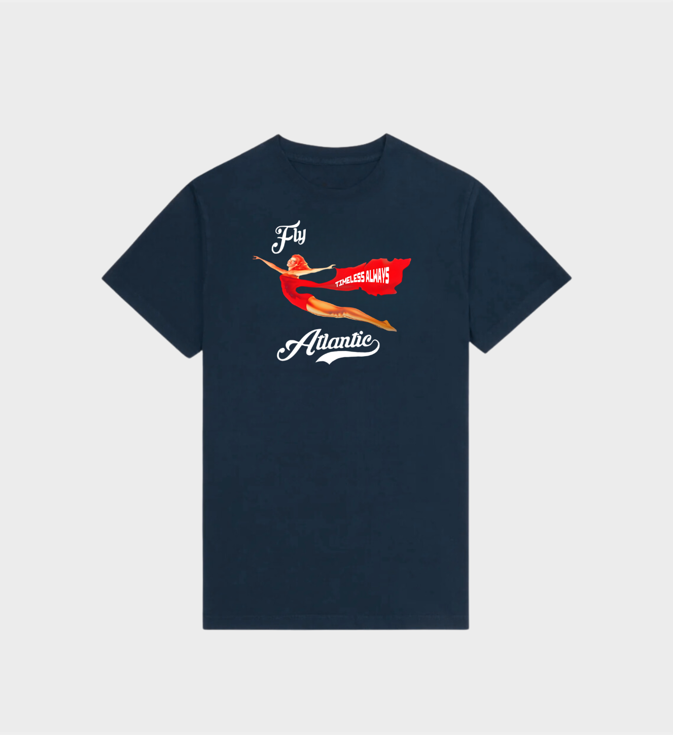 Navy Fly Atlantic T-Shirt with flying woman design, inspired by Diana's streetwear, effortless and classic style.