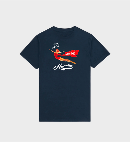 Navy Fly Atlantic T-Shirt with flying woman design, inspired by Diana's streetwear, effortless and classic style.