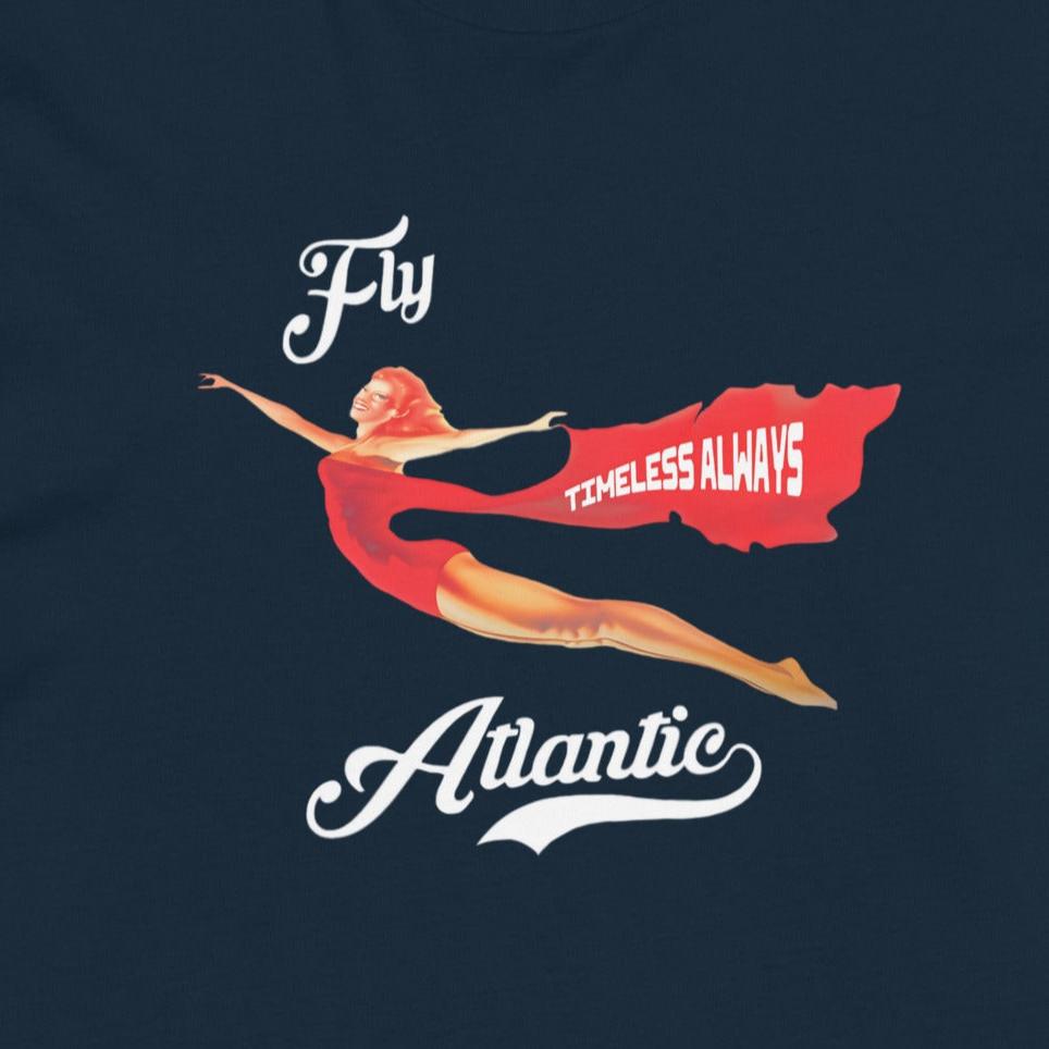 Fly Atlantic T-Shirt in navy blue, classic vintage design with flying woman print, inspired by old effortless style.