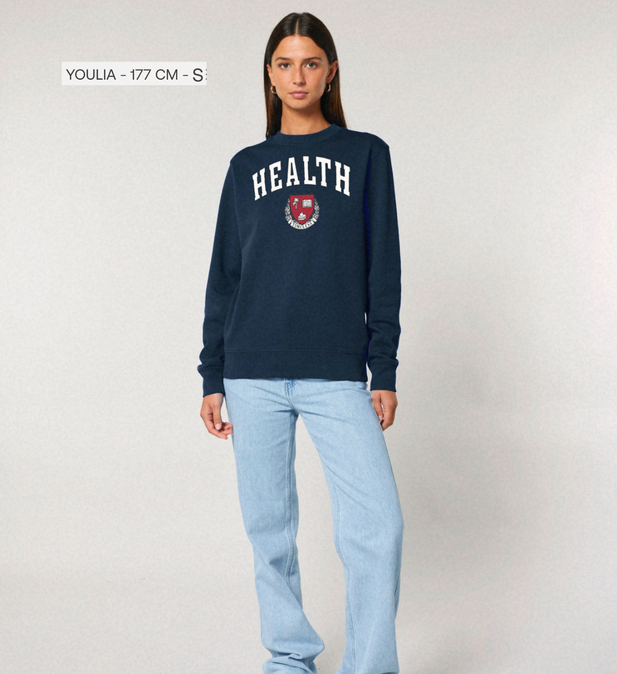 Health College Sweatshirt in 100% organic cotton, unisex with vintage-inspired design