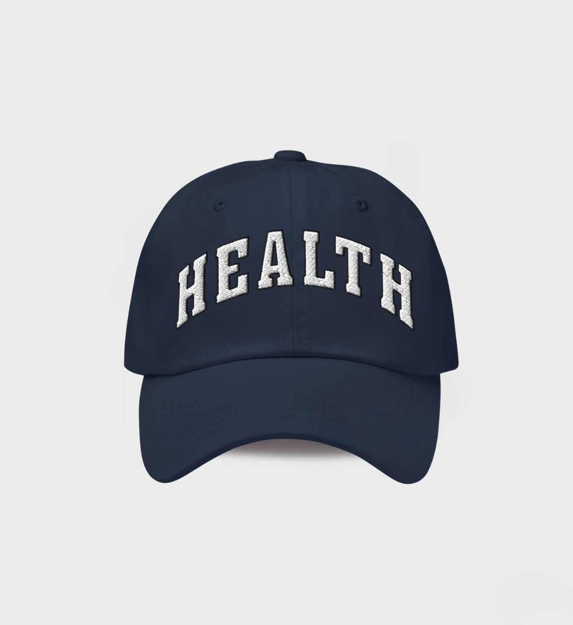 Health Hat in navy with white embroidered classic font design, unisex