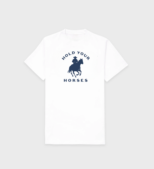 Hold Your Horses T-Shirt in white with blue horse design, unisex and comfortable