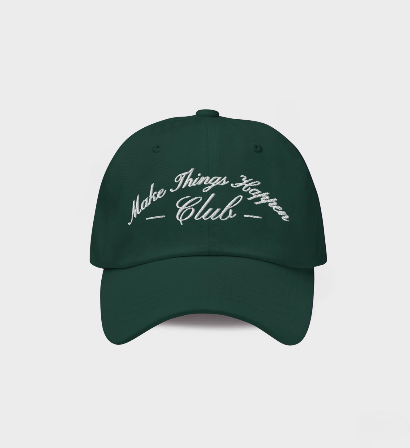 Make Things Happen Club Hat in green with white embroidered design, classic dad hat style