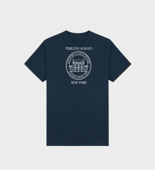 New York Resort T-Shirt in navy with white design on the front and back, inspired by classic New York resorts