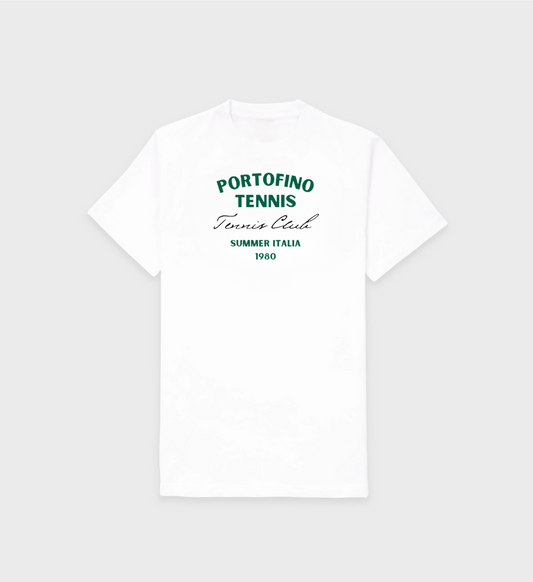 White Portofino T-Shirt with green old money tennis club design