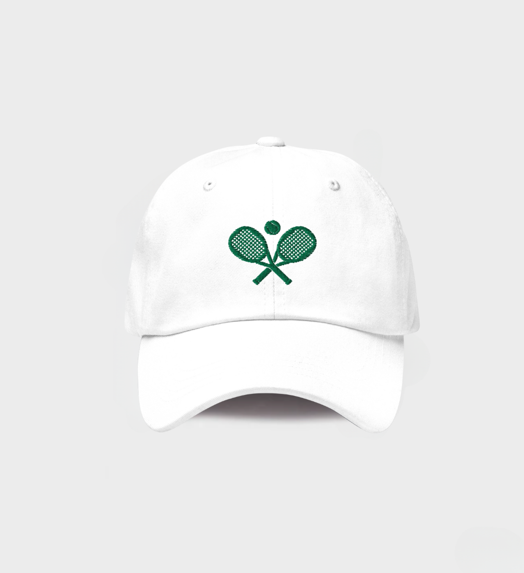 White Tennis Racket Hat with green embroidered logo