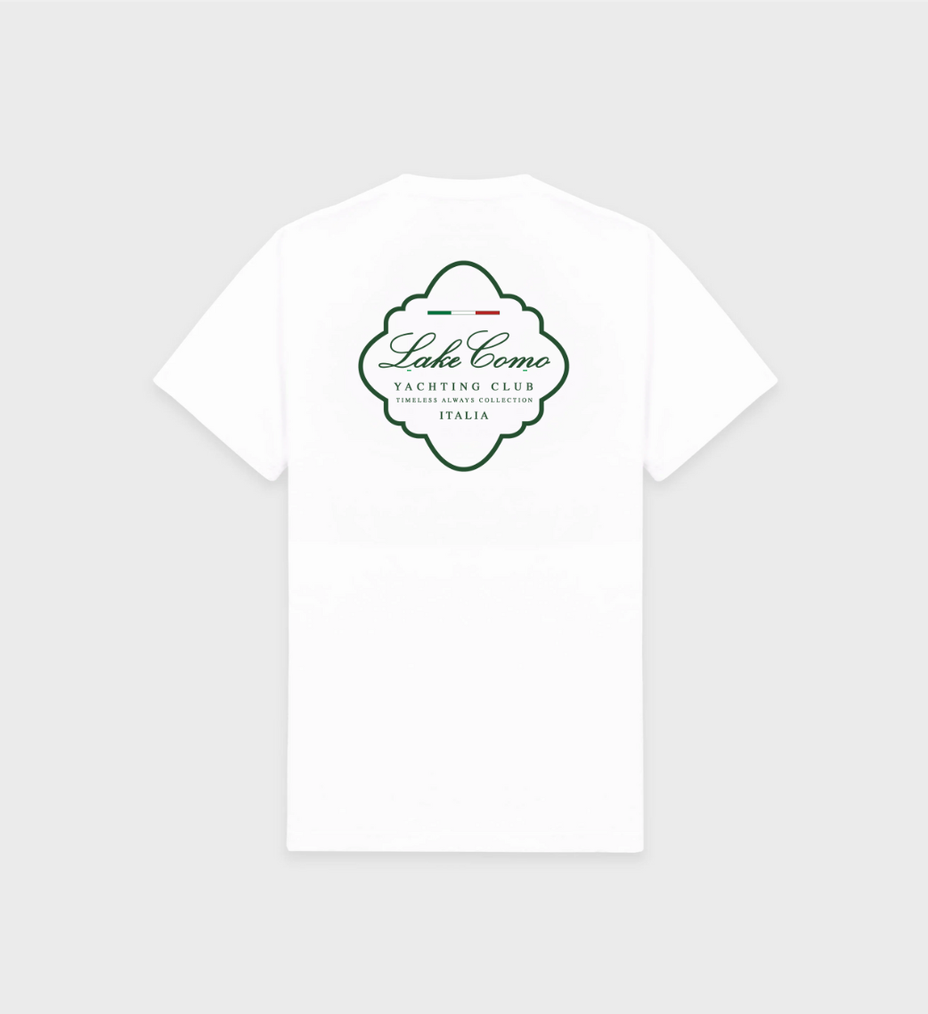 Timeless Always Lake Como T-Shirt in white with green front and back design, unisex and 100% cotton.