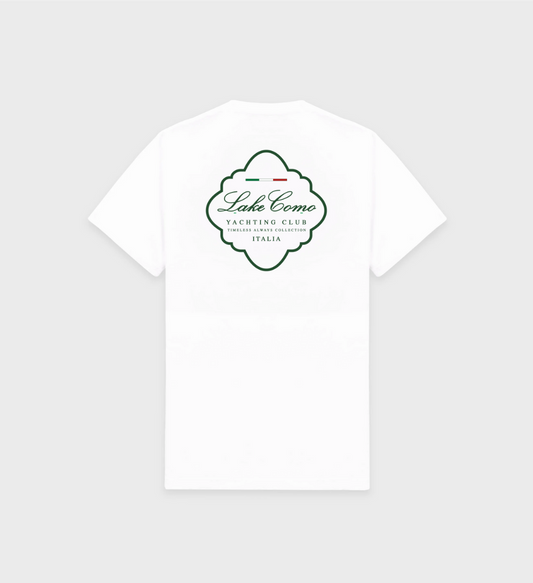 Timeless Always Lake Como T-Shirt in white with green front and back design, unisex and 100% cotton.