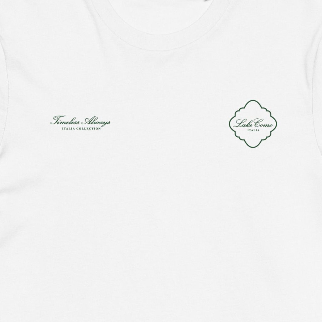 Lake Como-inspired white cotton tee featuring bold green designs on the front and back.