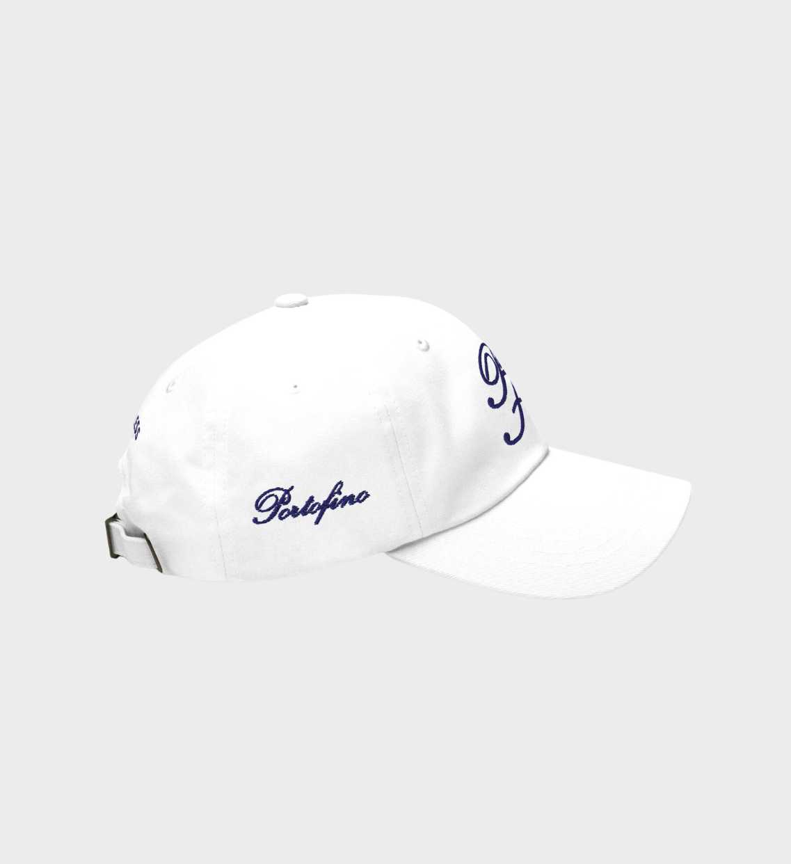 Unisex white hat with navy Portofino PF design embroidery