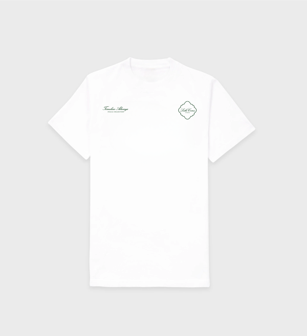 Timeless Always Lake Como T-Shirt in white with green front and back design, unisex and 100% cotton.