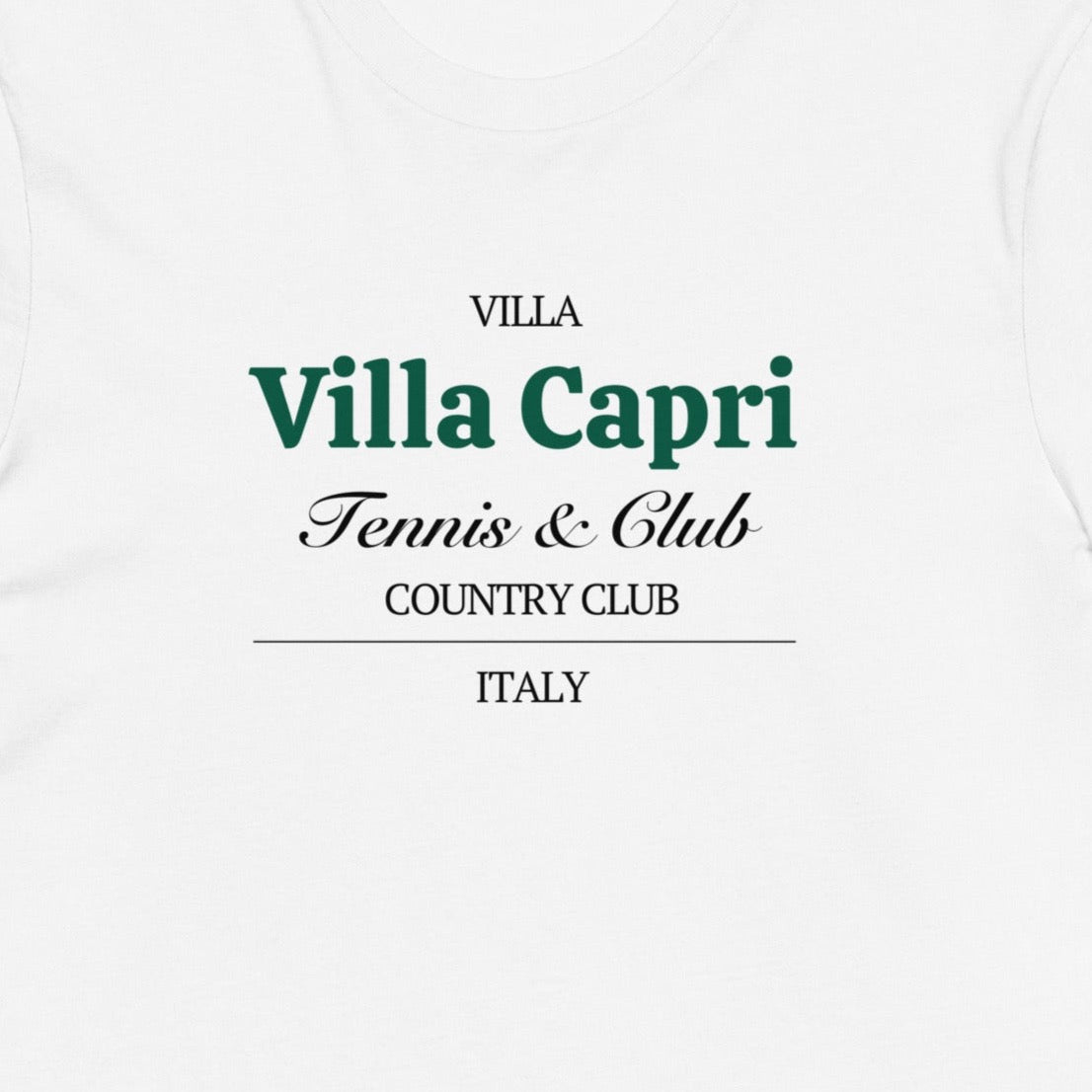 Unisex white tee, green Villa Capri old money style