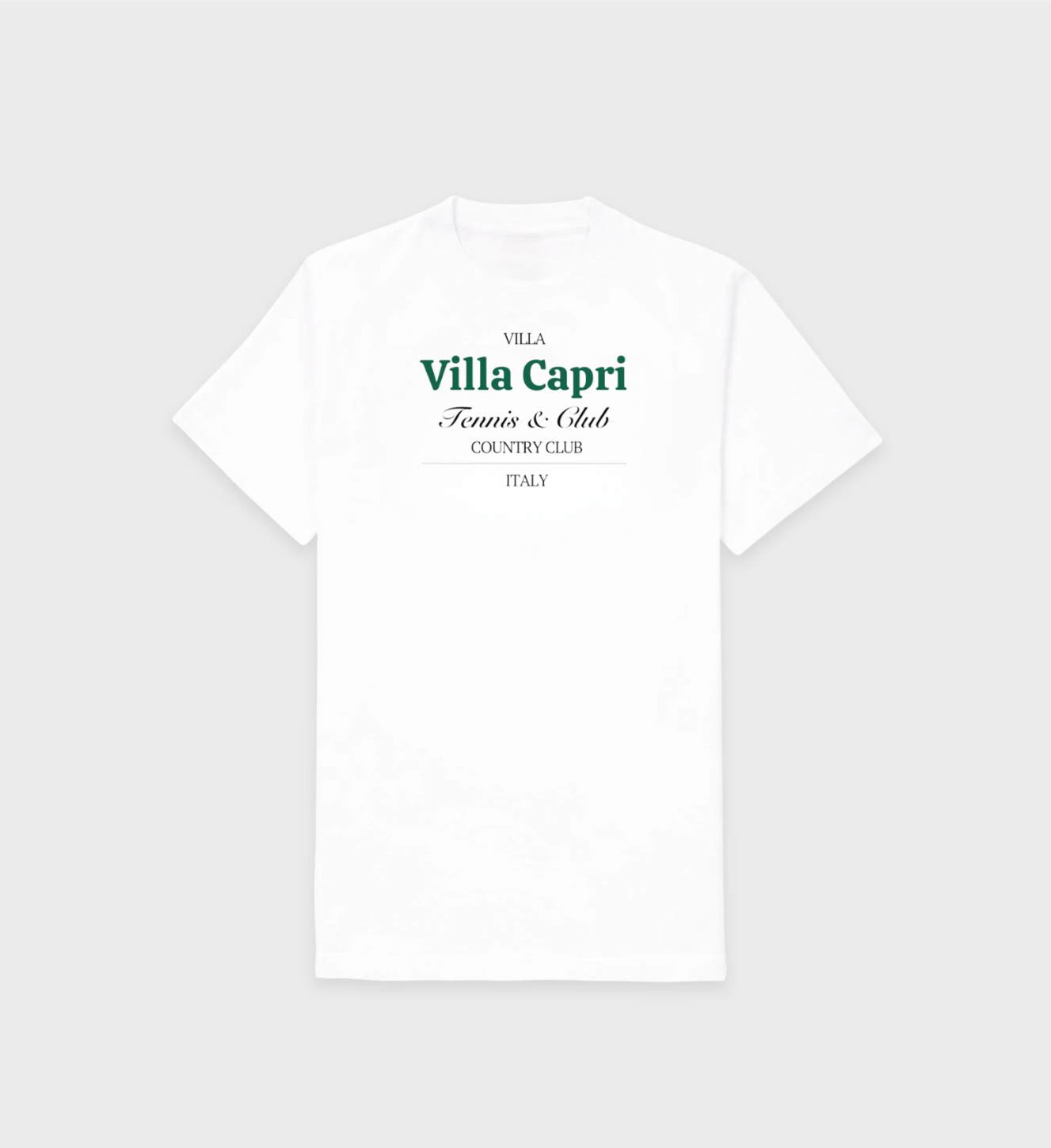 White Villa Capri T-Shirt with green old money tennis design