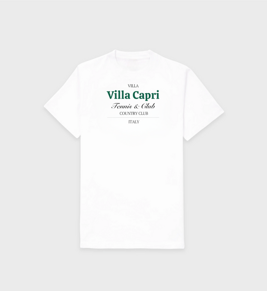 White Villa Capri T-Shirt with green old money tennis design