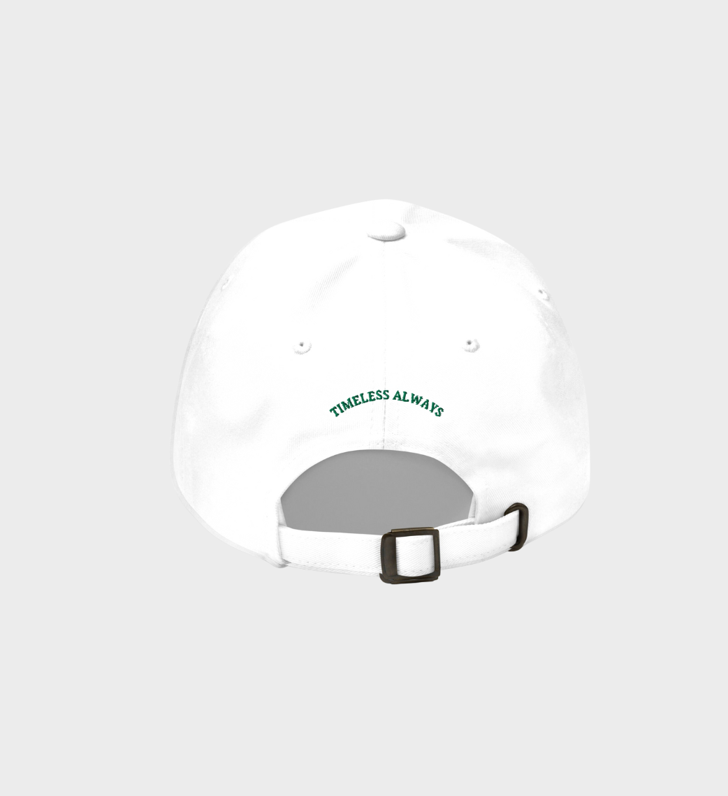 White Tennis Racket Hat with green embroidered logo