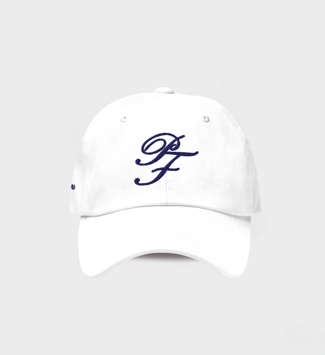 White dad hat with navy PF logo inspired by Portofino elegance