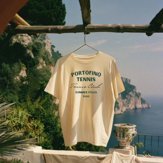 White Portofino T-Shirt with green old money tennis club design